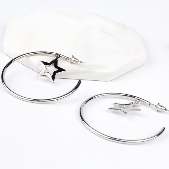 Silver 3/4 Hoops w/Dangling Star Earrings - Picture 2 of 7